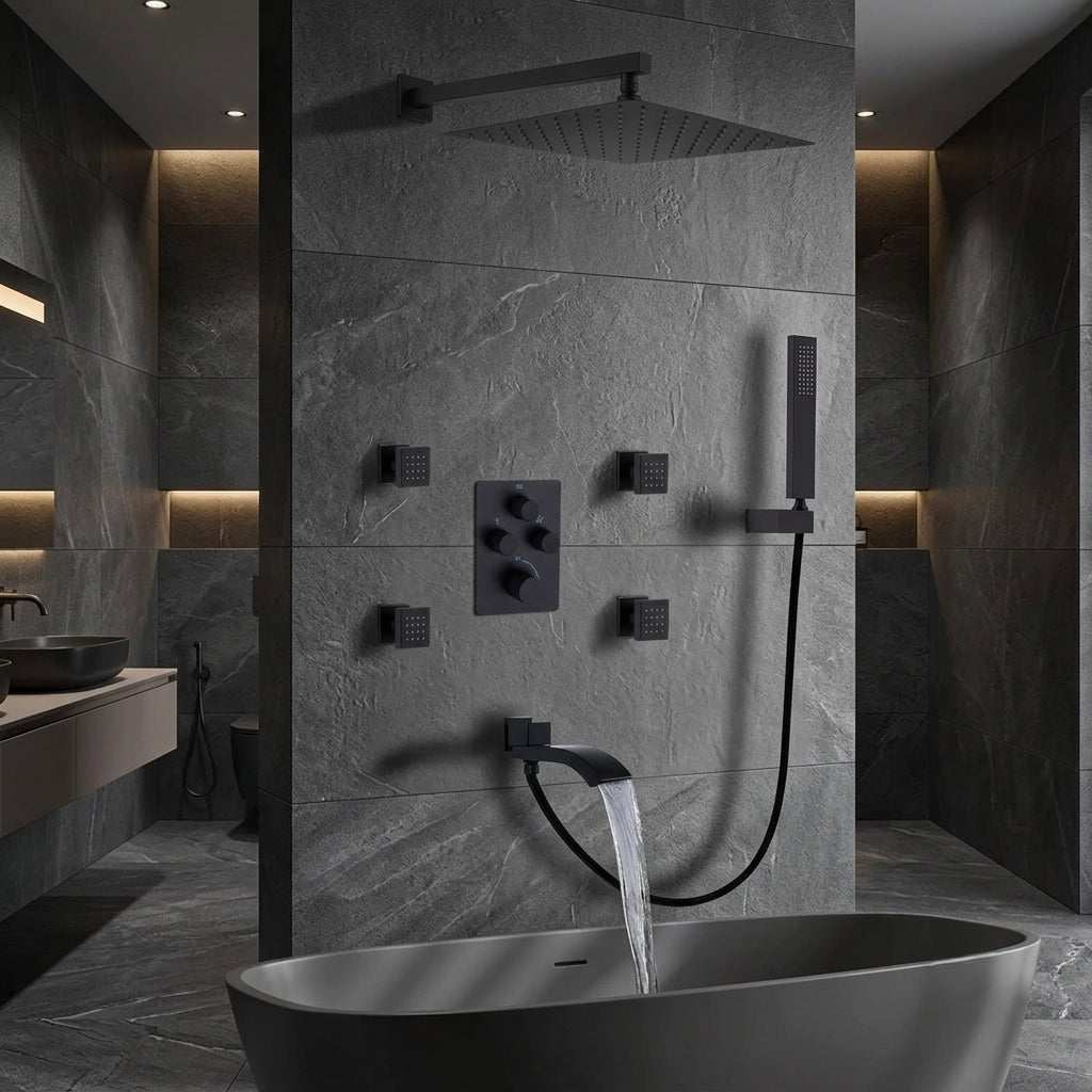 Matte Black Thermostatic Shower System with Body Jets & Tub Spout