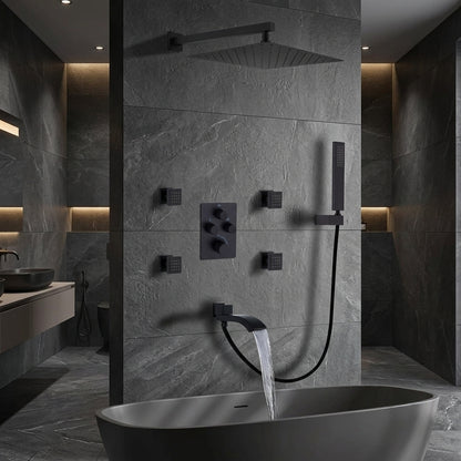 Matte Black Thermostatic Shower System with Body Jets & Tub Spout