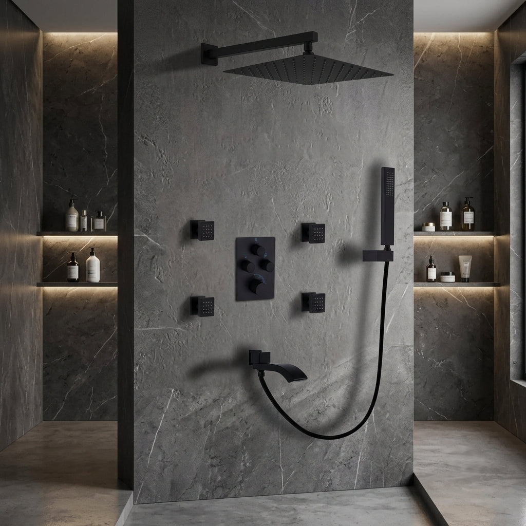 Matte Black Thermostatic Shower System with Body Jets & Tub Spout