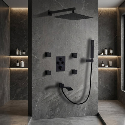 Matte Black Thermostatic Shower System with Body Jets & Tub Spout