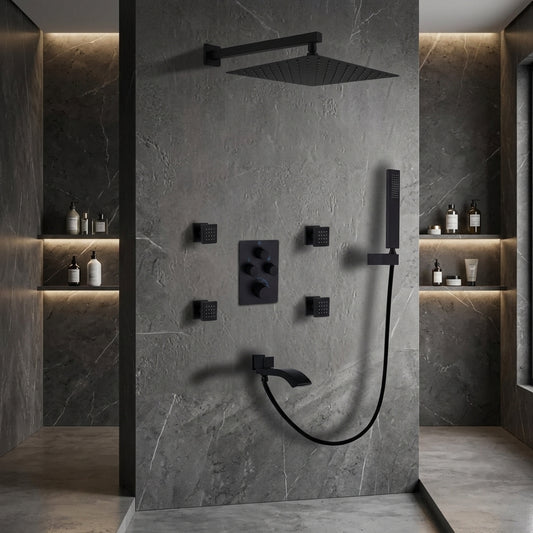 Matte Black Thermostatic Shower System with Body Jets & Tub Spout