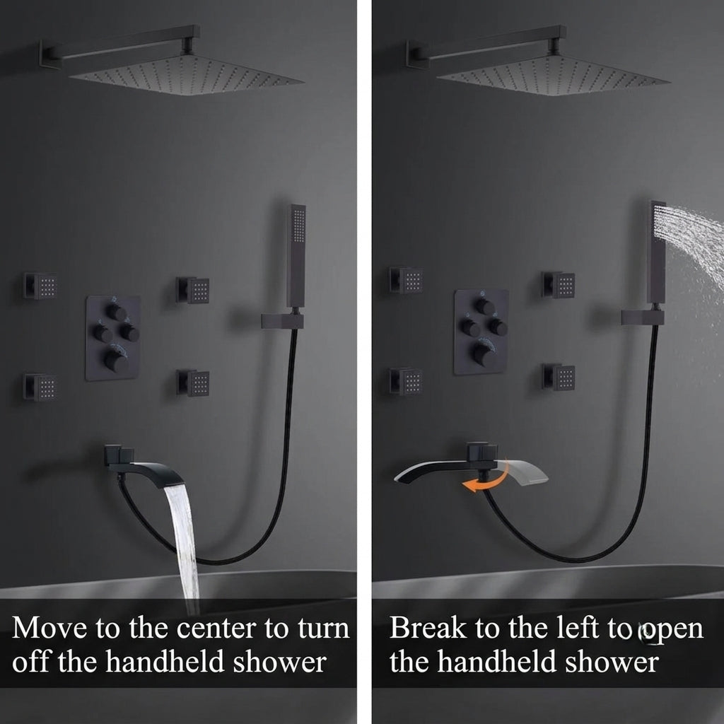 Matte Black Thermostatic Shower System with Body Jets & Tub Spout