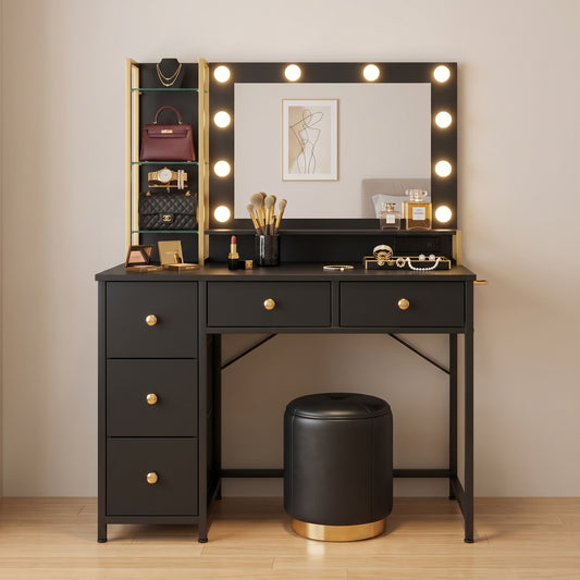 Vanity Dresser with 3-Color Dimming LED Mirror, 5 Storage Drawers & Hair Dryer Holder