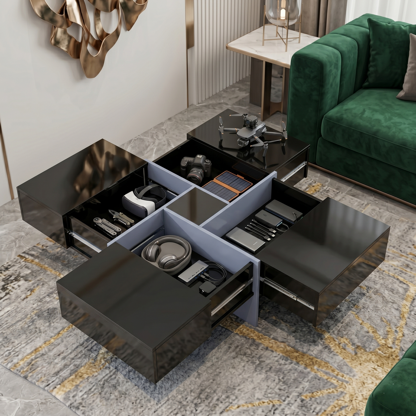 Versatile Quad-Action Convertible Centerpiece with Integrated Storage & Dynamic Ambient Lighting