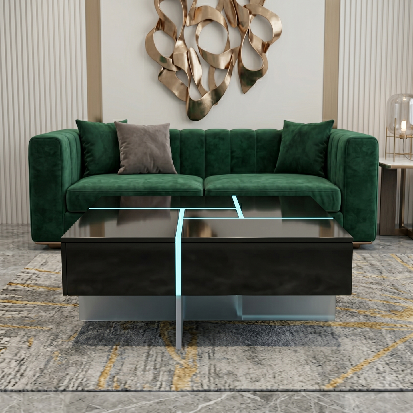 Versatile Quad-Action Convertible Centerpiece with Integrated Storage & Dynamic Ambient Lighting