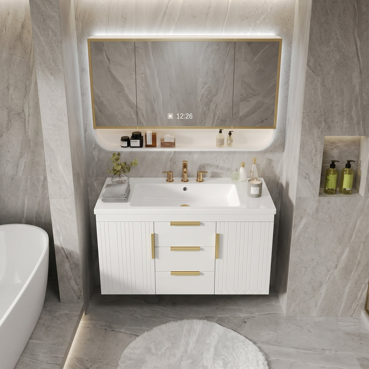 White/Gold Wall Mounted Bathroom Vanity With Resin Sink