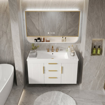 White/Gold Wall Mounted Bathroom Vanity With Resin Sink
