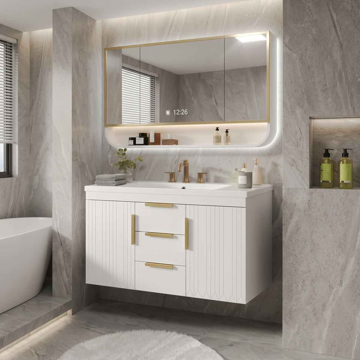 White/Gold Wall Mounted Bathroom Vanity With Resin Sink