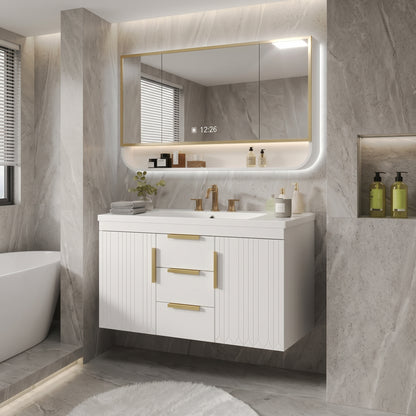 White/Gold Wall Mounted Bathroom Vanity With Resin Sink