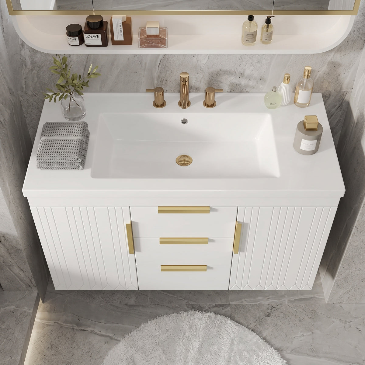 White/Gold Wall Mounted Bathroom Vanity With Resin Sink