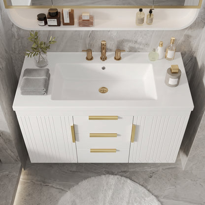 White/Gold Wall Mounted Bathroom Vanity With Resin Sink