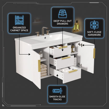White/Gold Wall Mounted Bathroom Vanity With Resin Sink