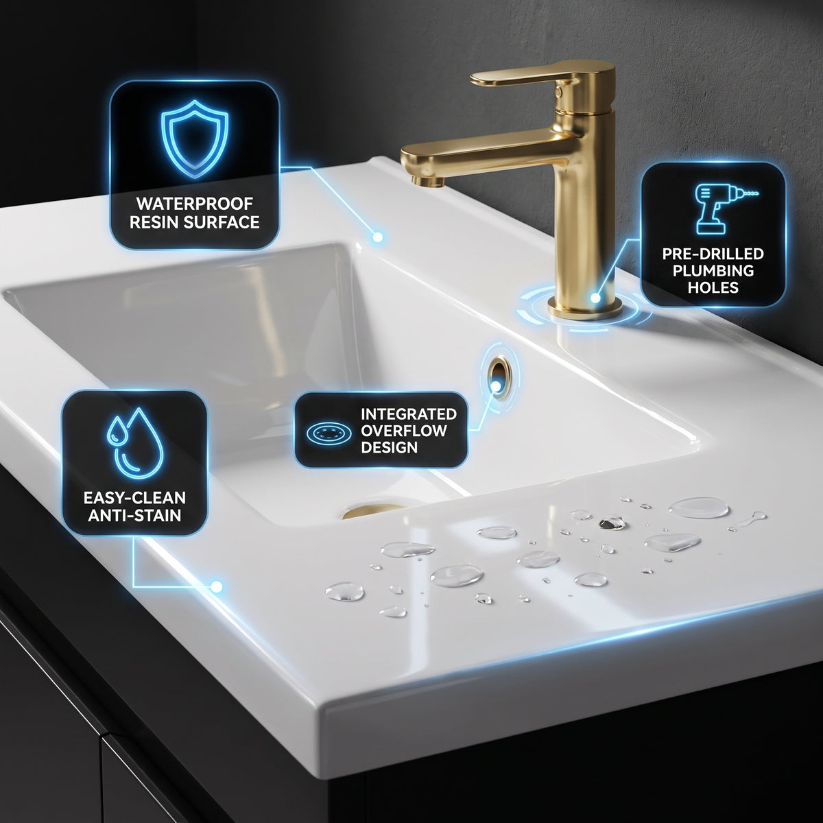 White/Gold Wall Mounted Bathroom Vanity With Resin Sink