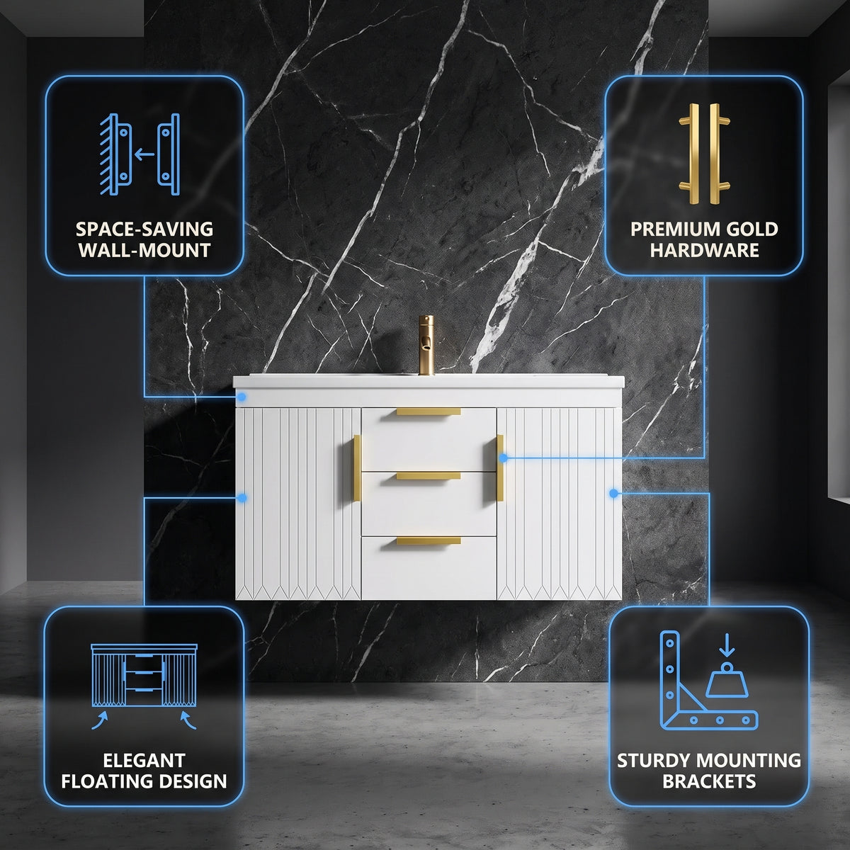White/Gold Wall Mounted Bathroom Vanity With Resin Sink