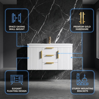 White/Gold Wall Mounted Bathroom Vanity With Resin Sink