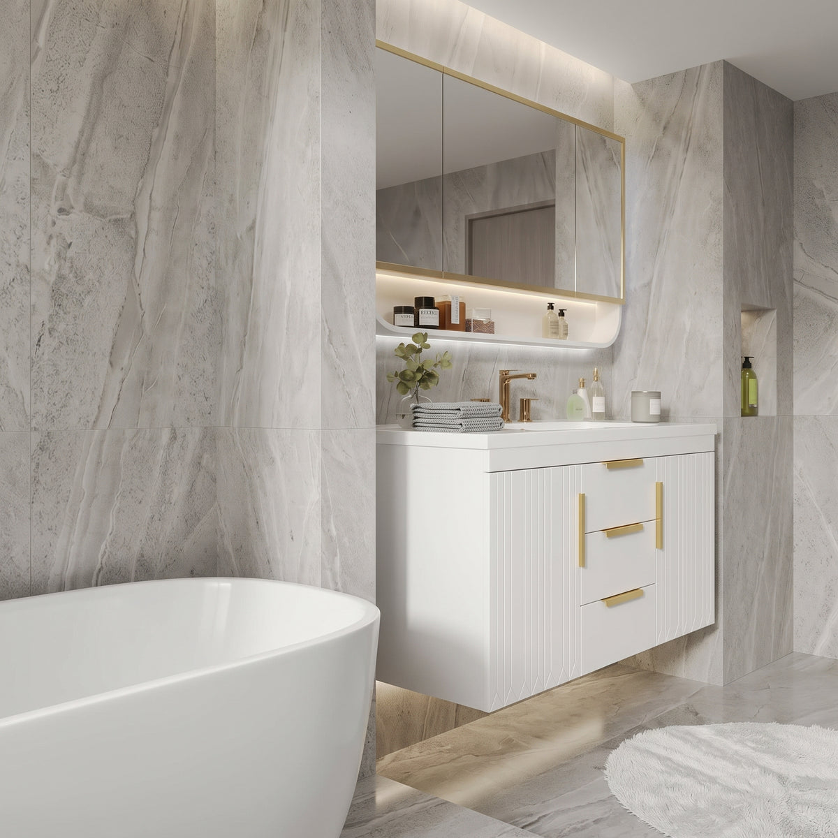 White/Gold Wall Mounted Bathroom Vanity With Resin Sink
