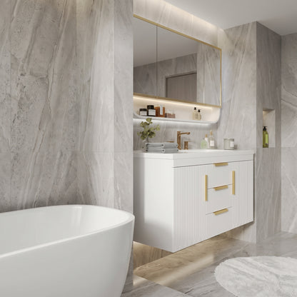 White/Gold Wall Mounted Bathroom Vanity With Resin Sink