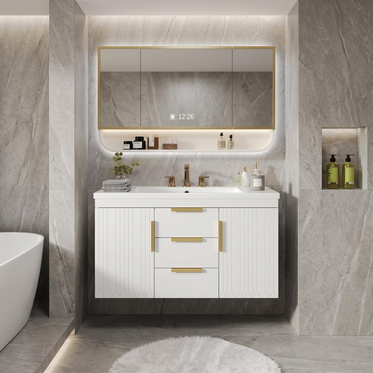 White/Gold Wall Mounted Bathroom Vanity With Resin Sink