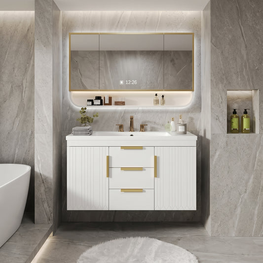 White/Gold Wall Mounted Bathroom Vanity With Resin Sink
