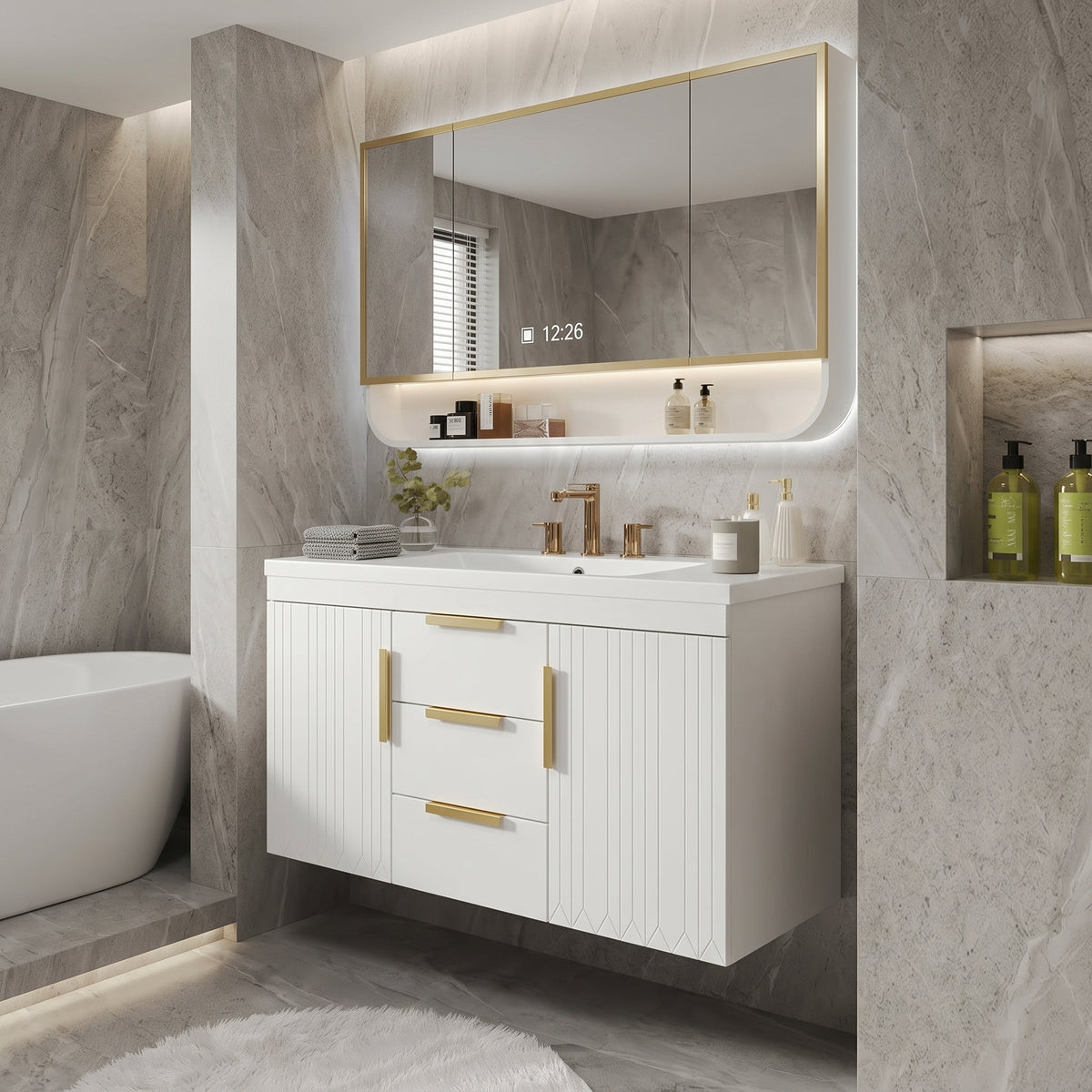 White/Gold Wall Mounted Bathroom Vanity With Resin Sink