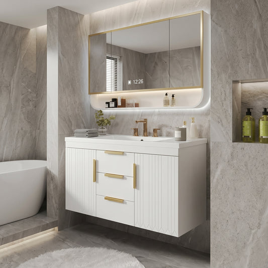 White/Gold Wall Mounted Bathroom Vanity With Resin Sink