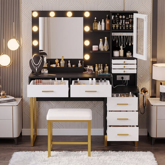 White & Gold Makeup Vanity Desk with Lighted Mirror, Jewelry Organizer & Stool